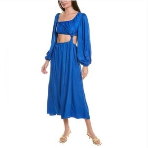 45. Farm Rio $280 Blue Satin Long Sleeve Cut Out Knot Royal Blue Midi Dress